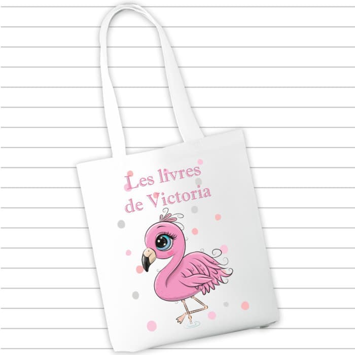 Sac à cahiers et livres personnalisé - Flamant rose & Prénom