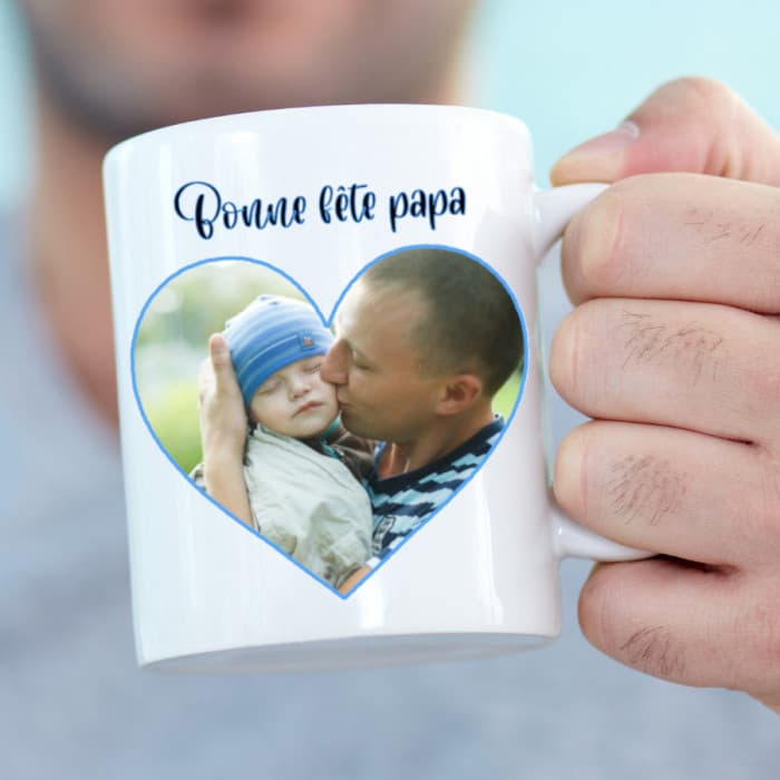Mug coeur personnalisable avec photo et message modèle bleu