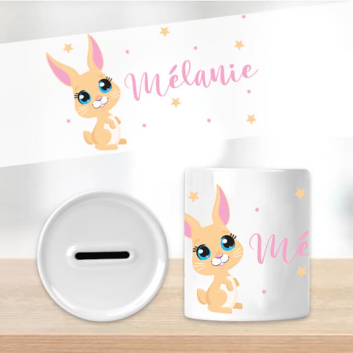 Tirelire lapin étoiles personnalisée en céramique – Prénom au choix