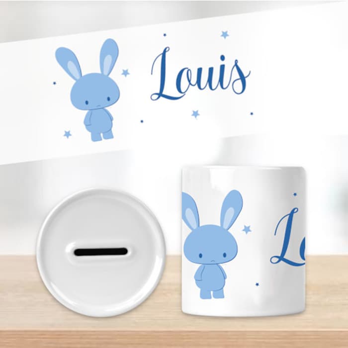 Tirelire lapin bleu personnalisée en céramique – Prénom au choix