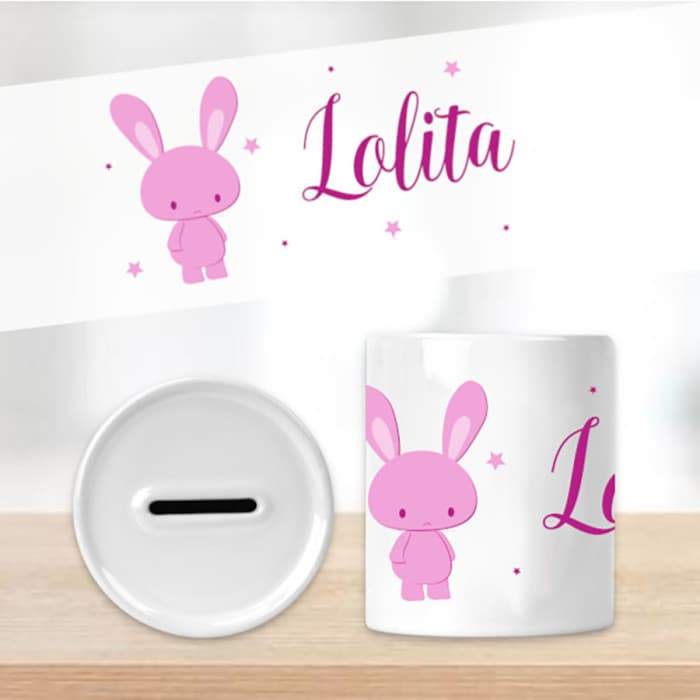 Tirelire lapin rose personnalisée en céramique – Prénom au choix
