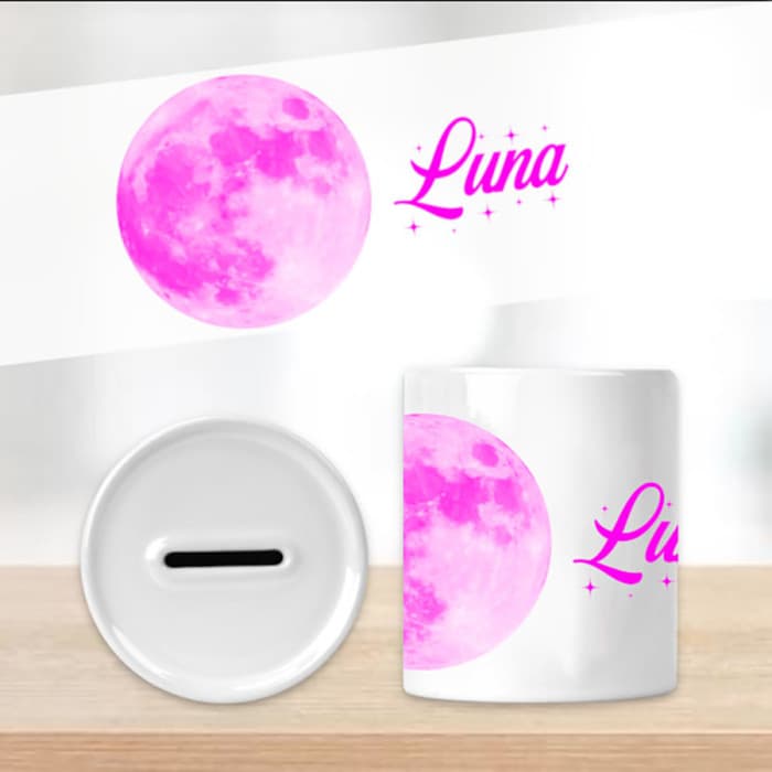 Tirelire lune rose personnalisée en céramique – Prénom au choix
