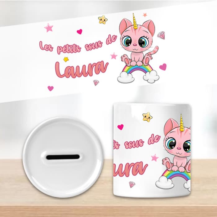 Tirelire chaton rose personnalisée en céramique – Prénom au choix