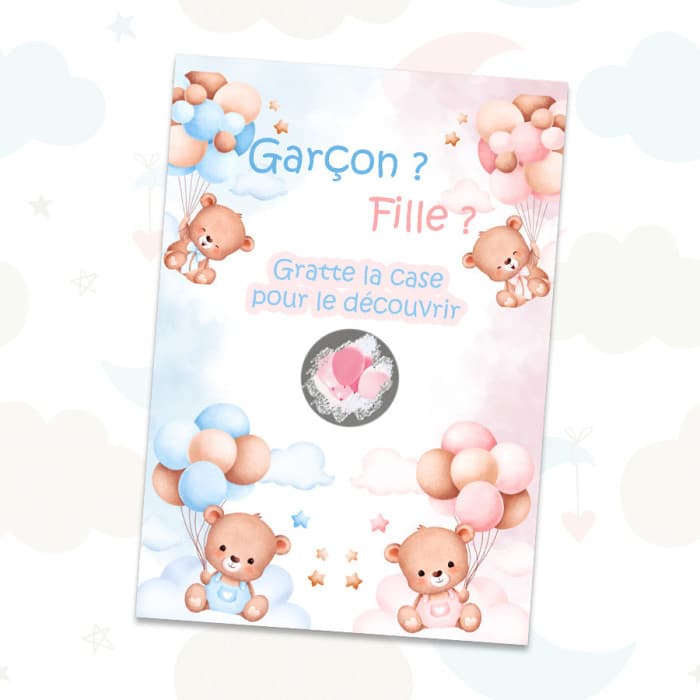 Carte à gratter fille – Oursons et ballons roses révélation sexe bébé