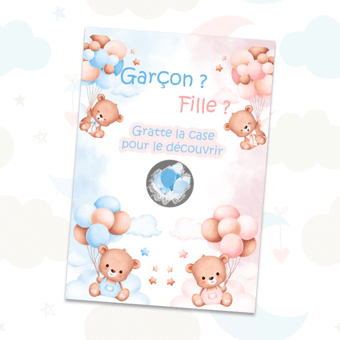 Carte à gratter garçon – Oursons et ballons bleus révélation sexe bébé
