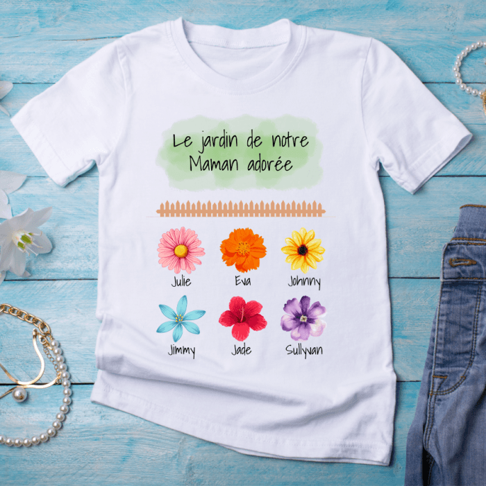 Tee-shirt adulte mixte personnalisable avec fleurs et prénoms