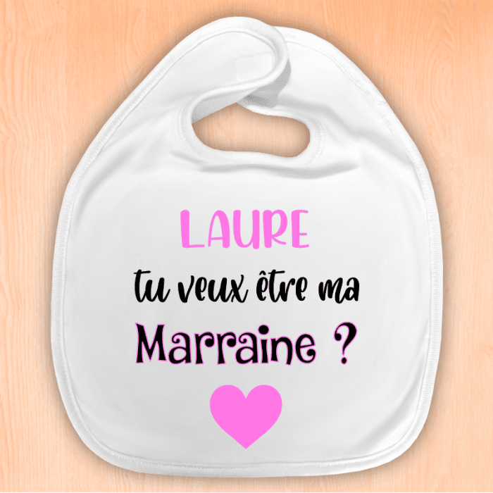 Bavoir bébé personnalisé "Tu veux être ma marraine ?" avec prénom – Rose ou bleu