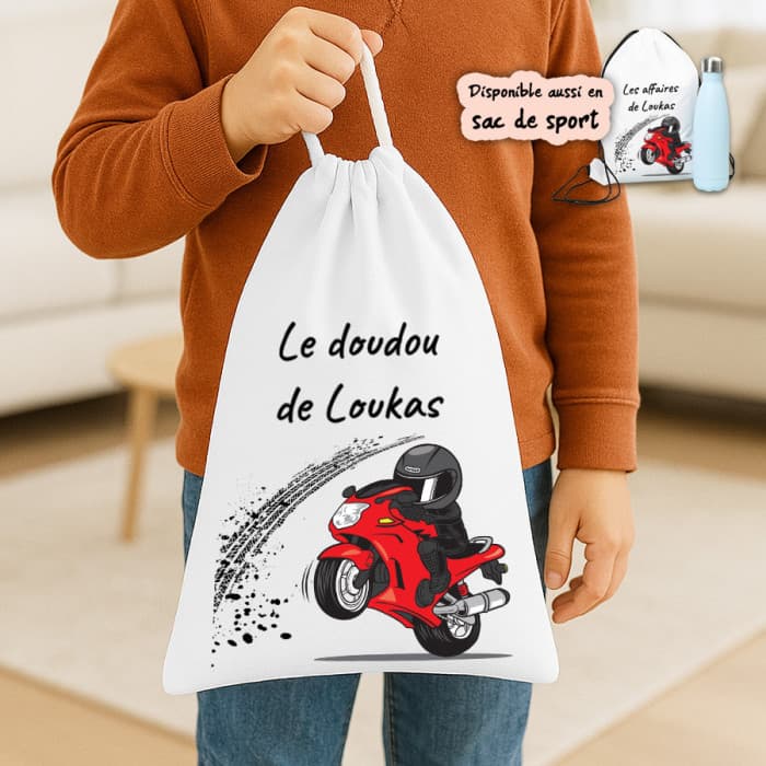 Sac à doudou ou sac de gym personnalisé modèle moto