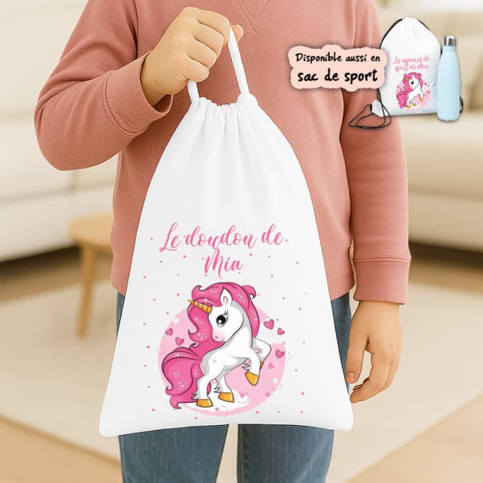 Sac à doudou ou sac de gym personnalisé modèle licorne étoiles