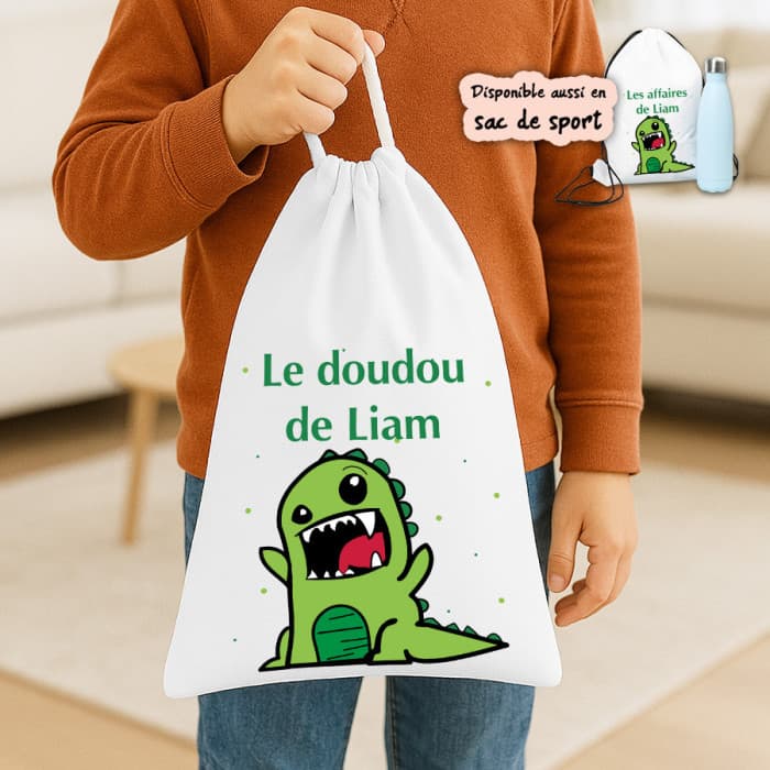 Sac à doudou ou sac de gym personnalisé modèle dinosaure