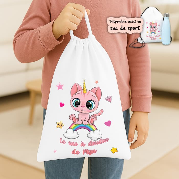 Sac à doudou ou sac de gym personnalisé modèle chaton rose