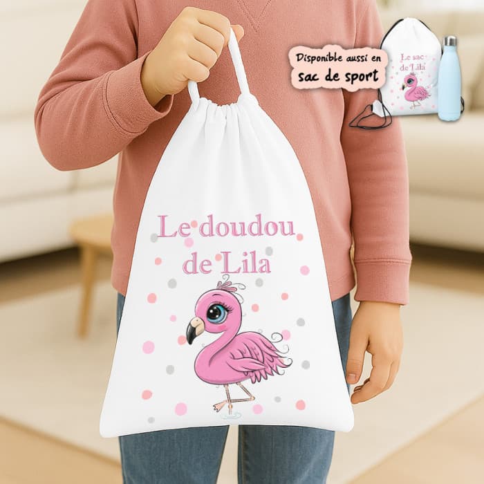 Sac à doudou ou sac de gym personnalisé modèle flamant rose