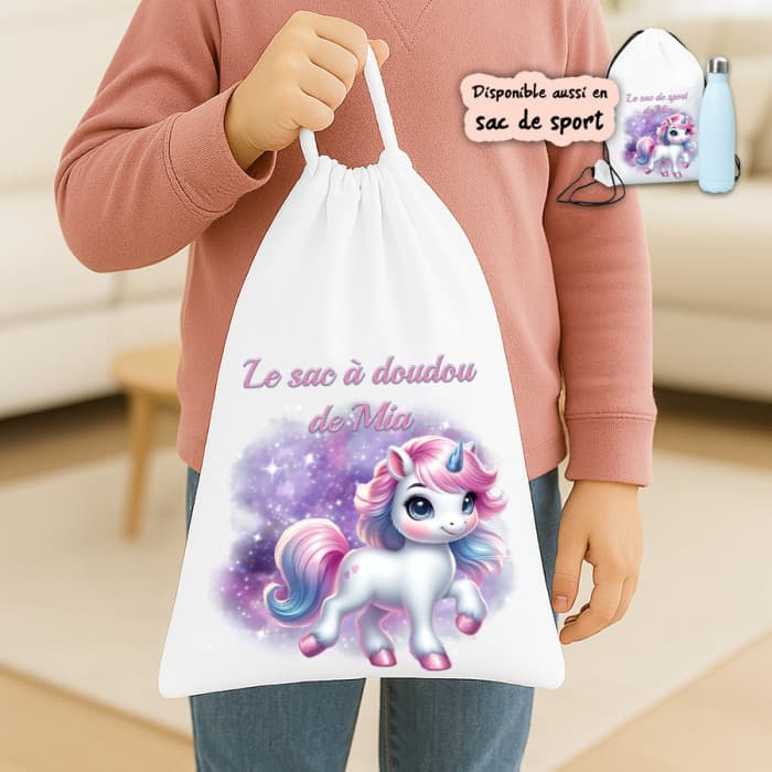 Sac à doudou ou sac de gym personnalisé modèle licorne
