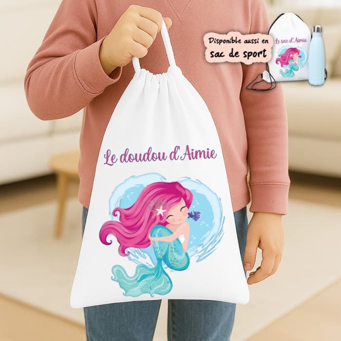 Sac à doudou ou sac de gym personnalisé modèle petite sirène