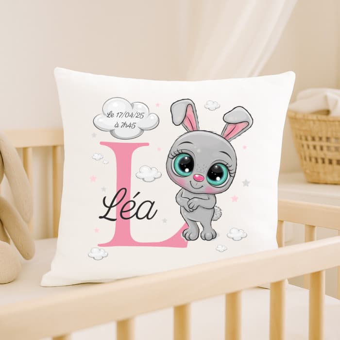 Coussin de naissance personnalisé lapin