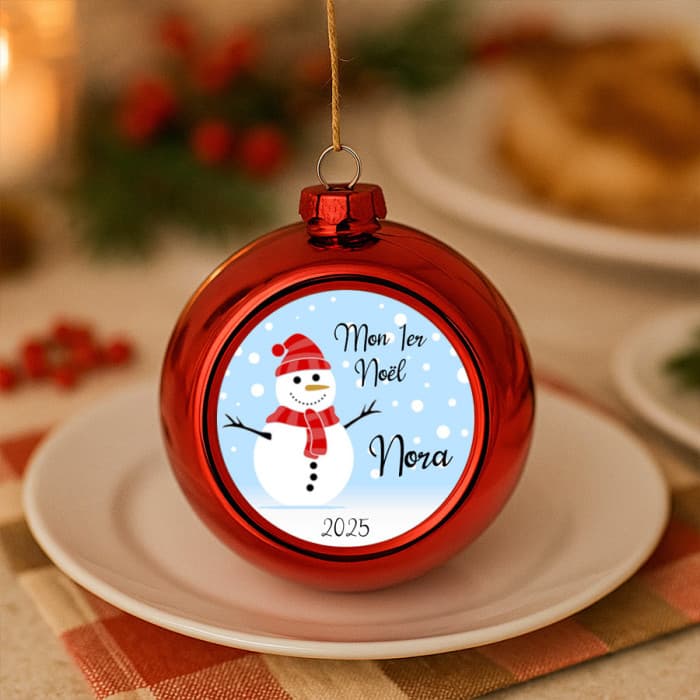 Boule sapin de Noël personnalisable modèle bonhomme de neige