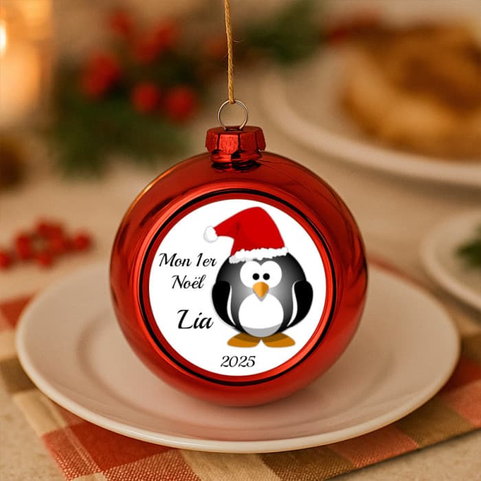 Boule sapin de Noël personnalisable modèle pingouin