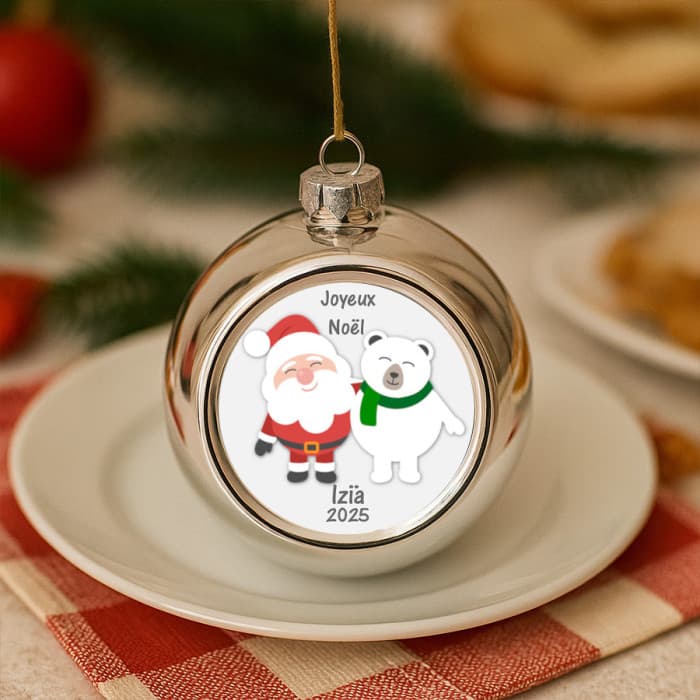 Boule sapin de Noël personnalisable modèle père-Noël et ours