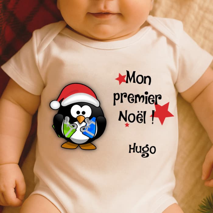 Body bébé ou tee-shirt Noël personnalisable modèle pingouin