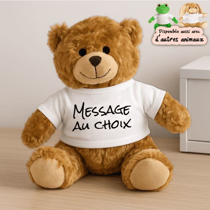 Peluche Personnalisée – Ourson, Lapin ou Grenouille avec T-shirt Imprimé