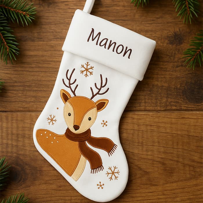 Chaussette/botte de Noël brodée blanche cerf