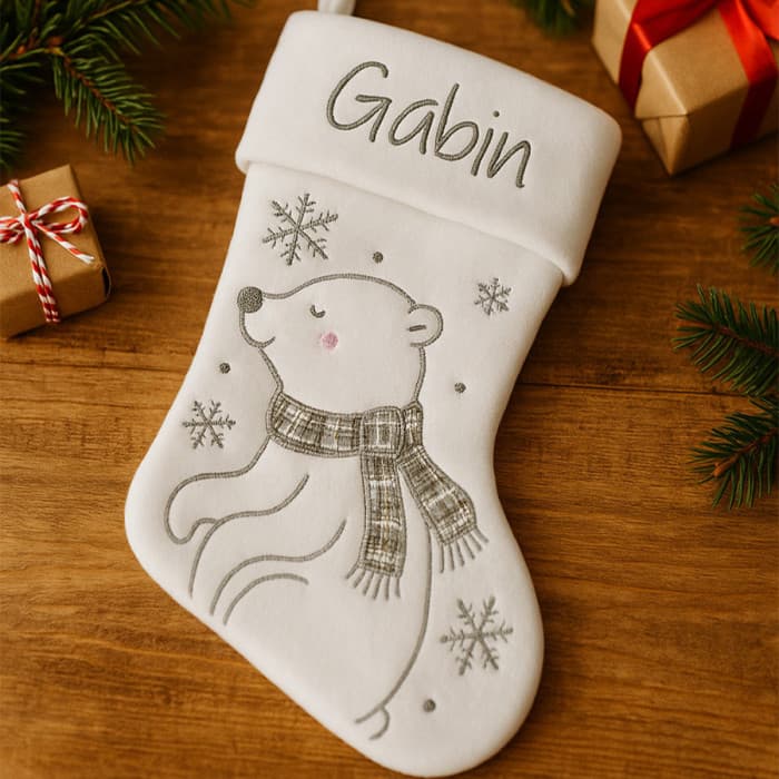 Chaussette/botte de Noël brodée blanche ours