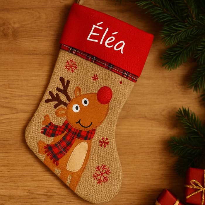 Chaussette/botte de Noël brodée renne