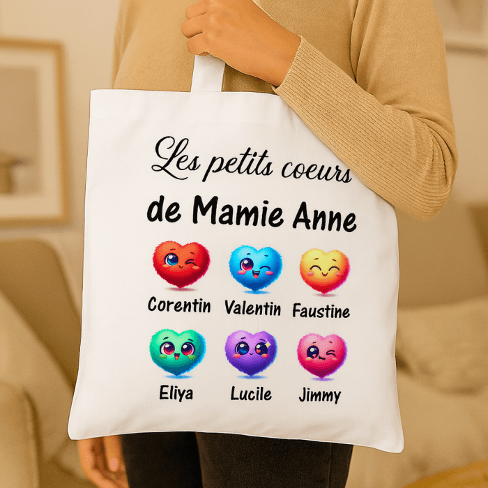 Tote bag personnalisable avec coeurs et prénoms