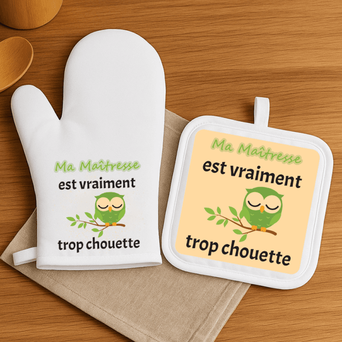 Duo manique et gant personnalisable chouette maître/maîtresse/nounou