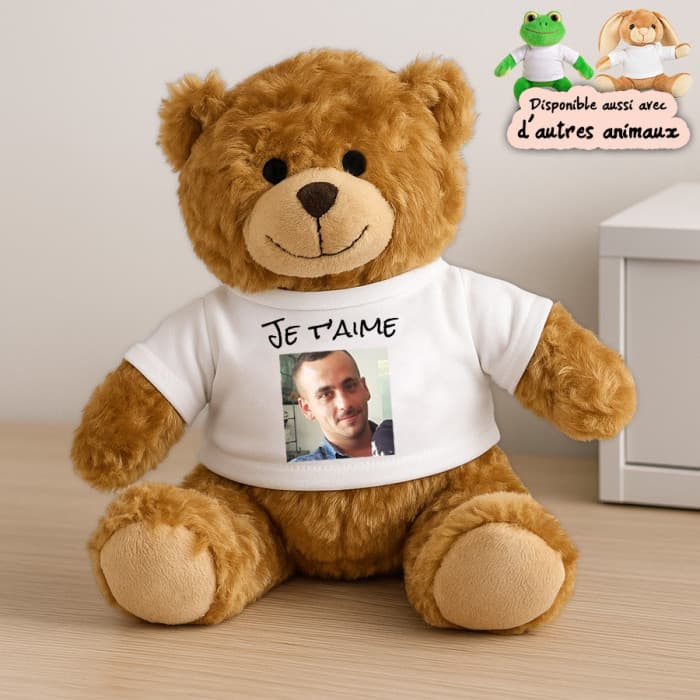 Peluche personnalisable avec photo et message – ourson, grenouille ou lapin