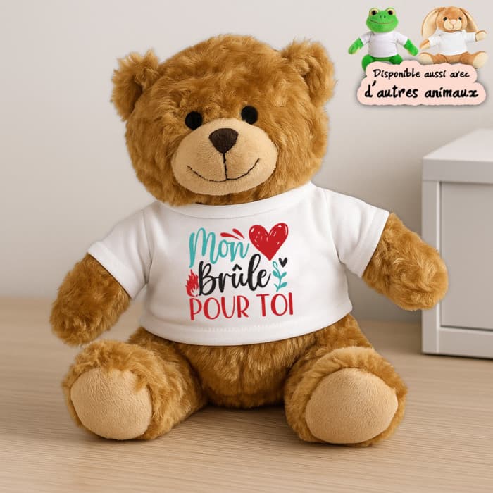 Peluche personnalisée “Mon cœur brûle pour toi” – ourson, grenouille ou lapin