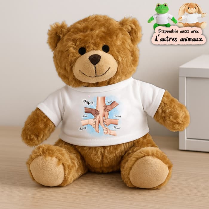 Peluche papa personnalisée avec les mains des enfants et prénoms – ourson, grenouille ou lapin