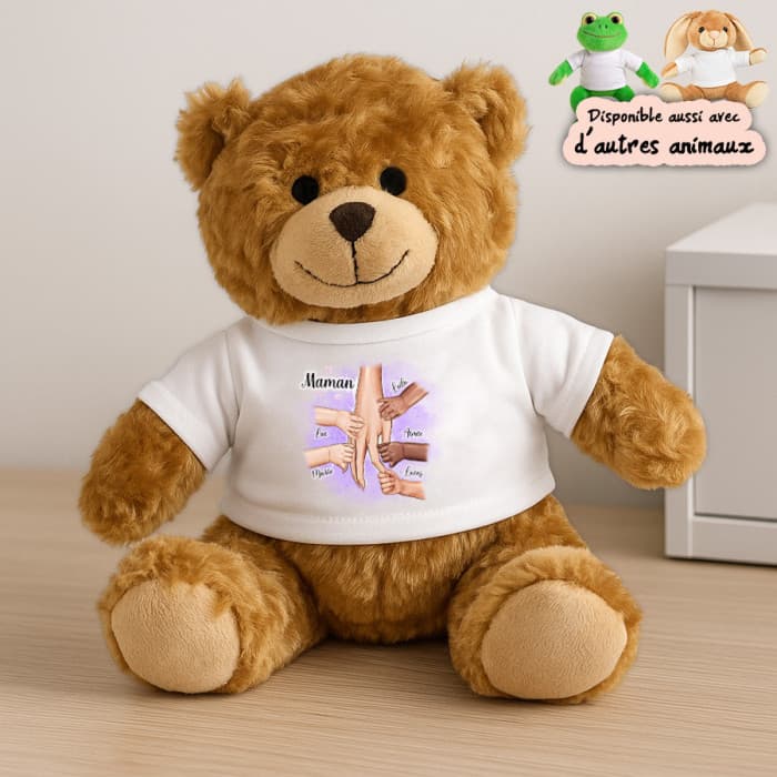 Peluche maman personnalisée avec les mains des enfants et prénoms – ourson, grenouille ou lapin