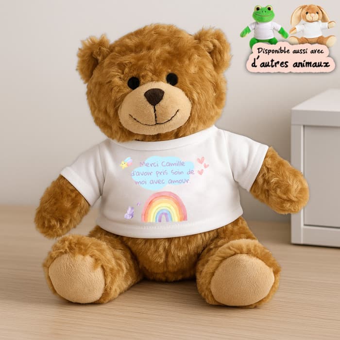 Peluche personnalisée modèle pastel – ourson, grenouille ou lapin