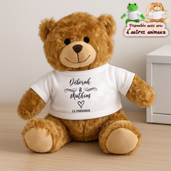 Peluche couple personnalisée avec prénoms et date de rencontre – ourson, grenouille ou lapin