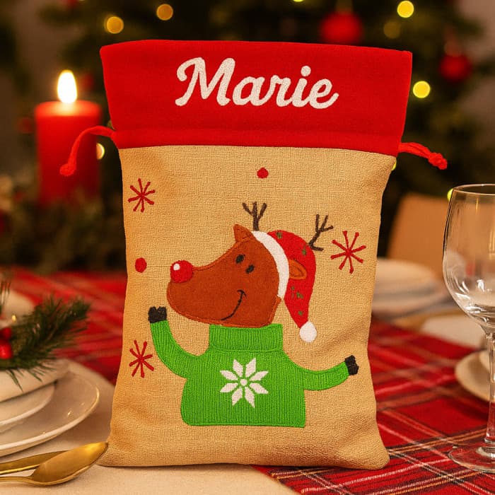 Pochon de Noël personnalisé Renne brodé – avec prénom