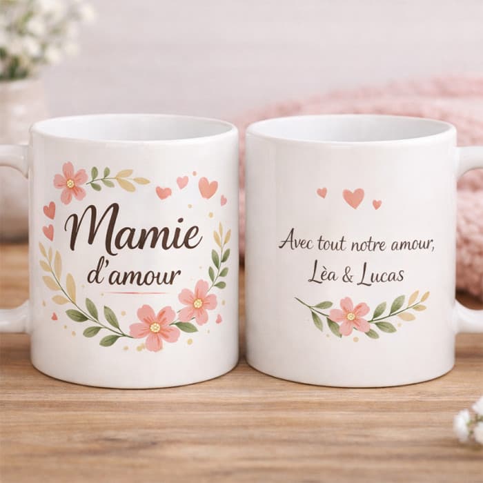 Mug personnalisable fleurs recto-verso mamie d'amour