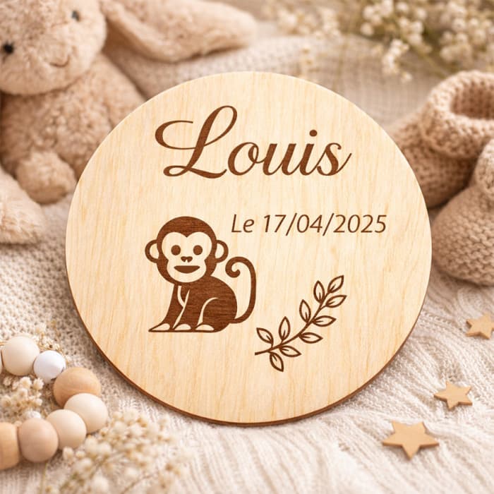 Plaque naissance personnalisée en bois – Modèle singe