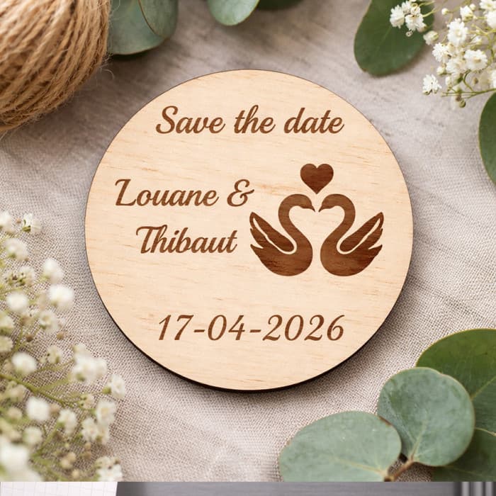 Magnet Save the Date Cygnes personnalisé en bois