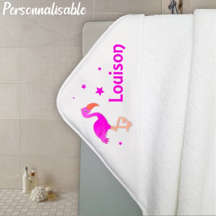 Cape de bain en éponge personnalisable modèle flamant rose fushia