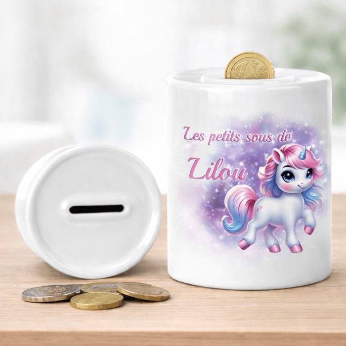 Tirelire licorne personnalisée en céramique – Prénom au choix