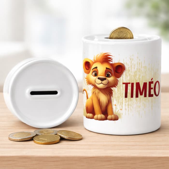 Tirelire lion personnalisée en céramique – Prénom au choix