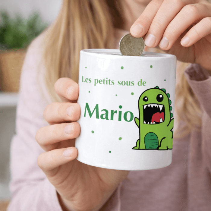 Tirelire dinosaure personnalisée en céramique – Prénom au choix