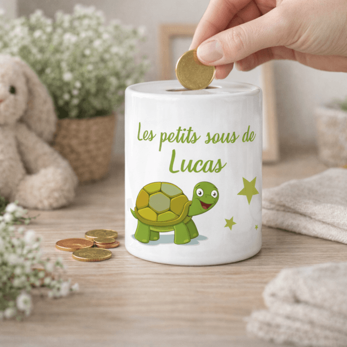 Tirelire tortue personnalisée en céramique – Prénom au choix