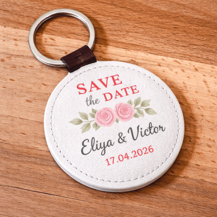 Porte-clé simili cuir rond personnalisable Save the Date fleurs