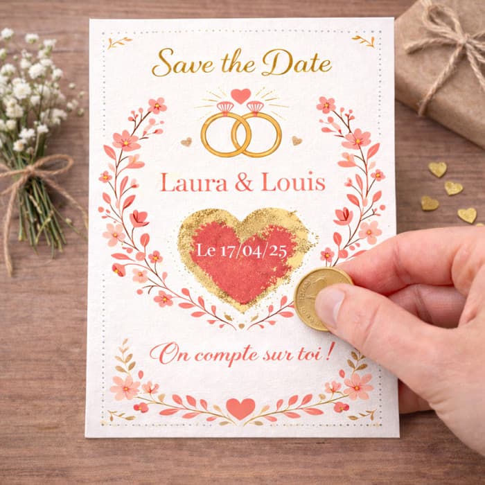 Carte à gratter Save the Date personnalisable coeur