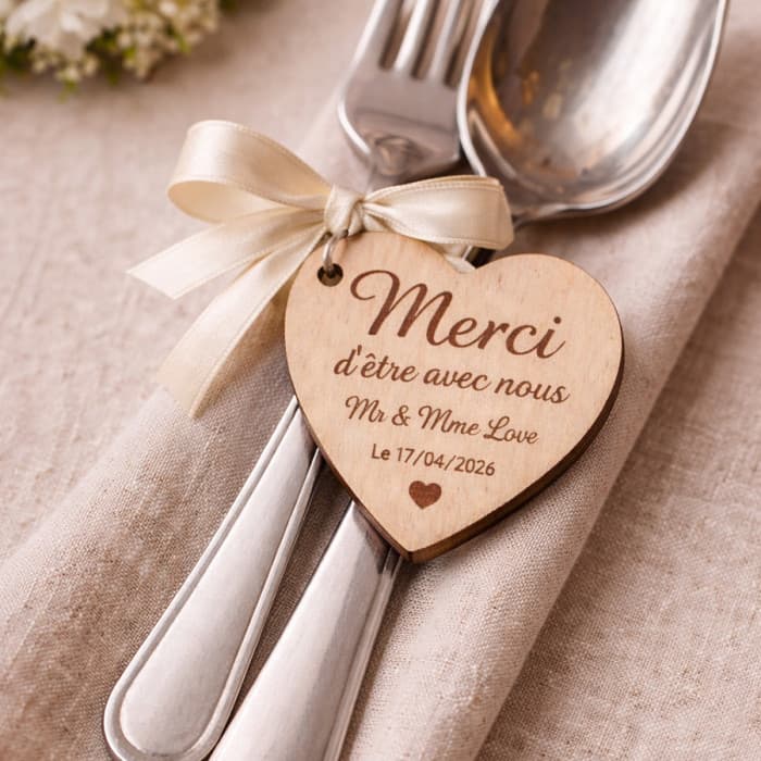 Étiquette cœur en bois personnalisée – Remerciement invités mariage