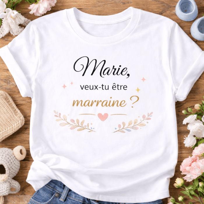Tee-shirt personnalisé “Veux-tu être marraine ?” – Prénom au choix