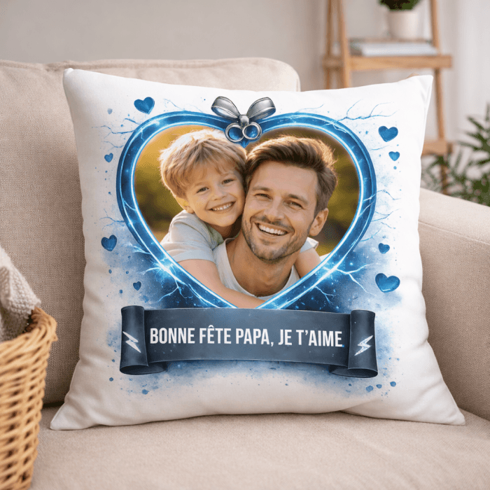 Coussin personnalisé photo et message – Modèle Cœur Bleu
