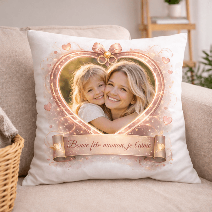 Coussin personnalisé photo et message – Modèle Cœur Rose